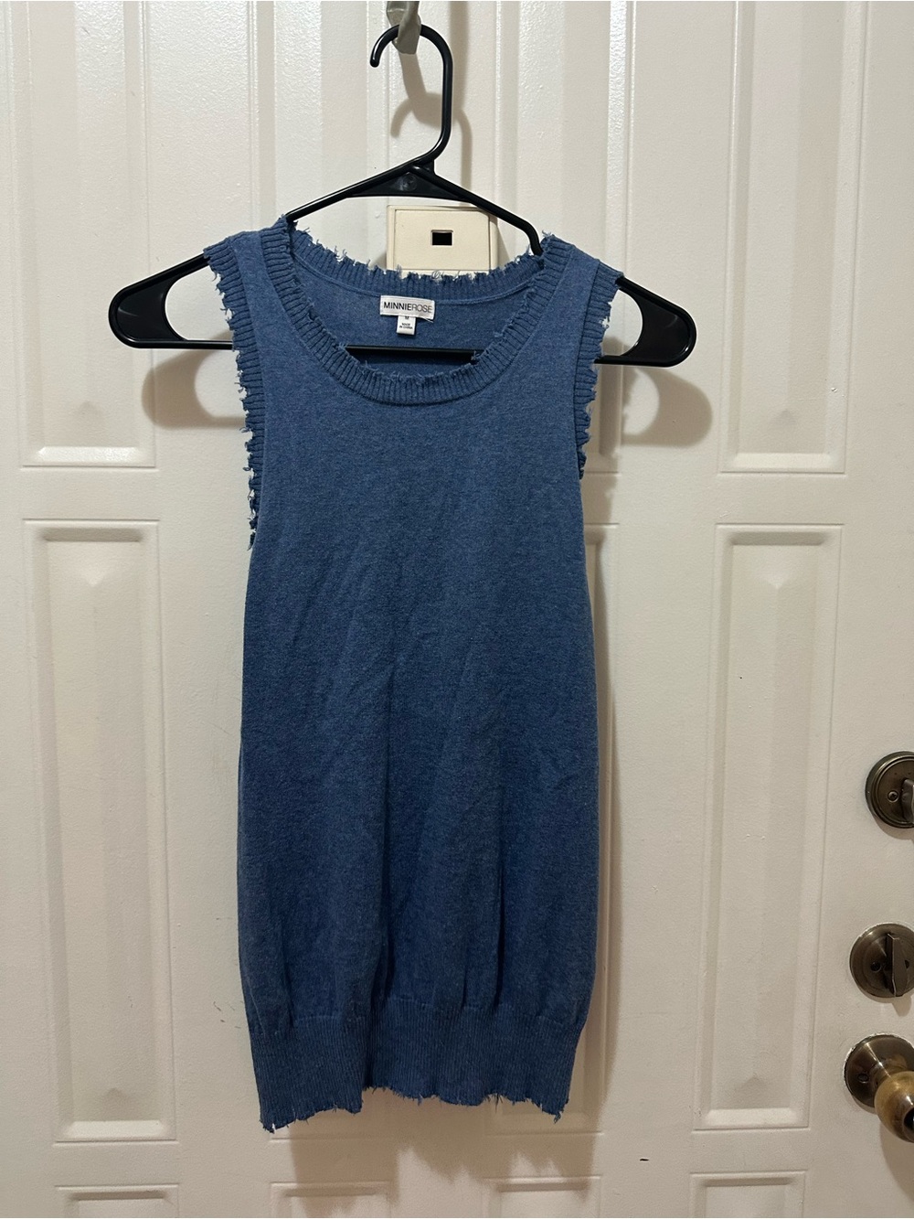 Minnie Rose Denim-Blue Ribbed Fringe-Trim Sleeveless Knit Tank